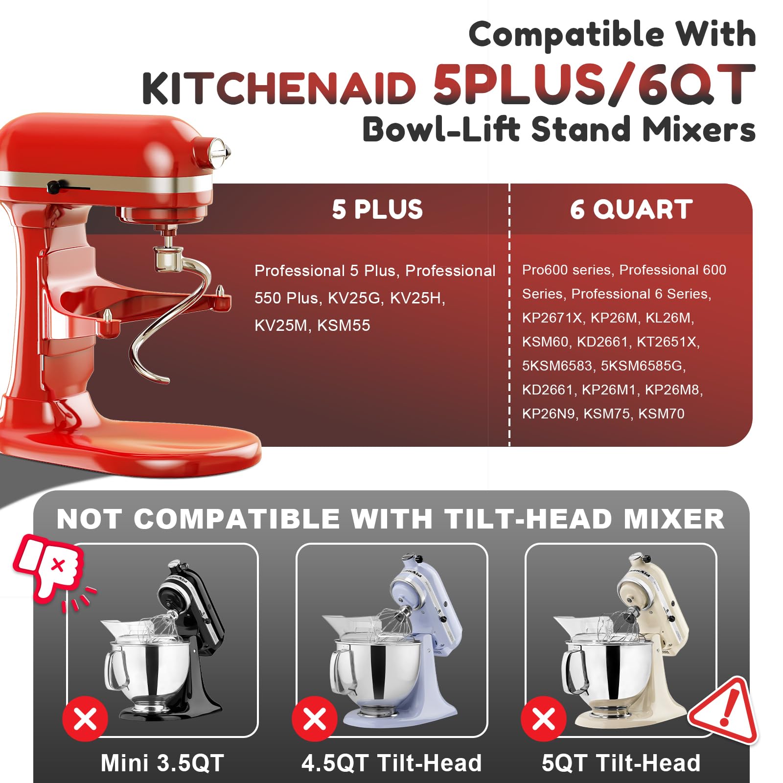GVODE gancho espiral para KitchenAid 6QT Bowl-Lift, mezcla eficiente.
