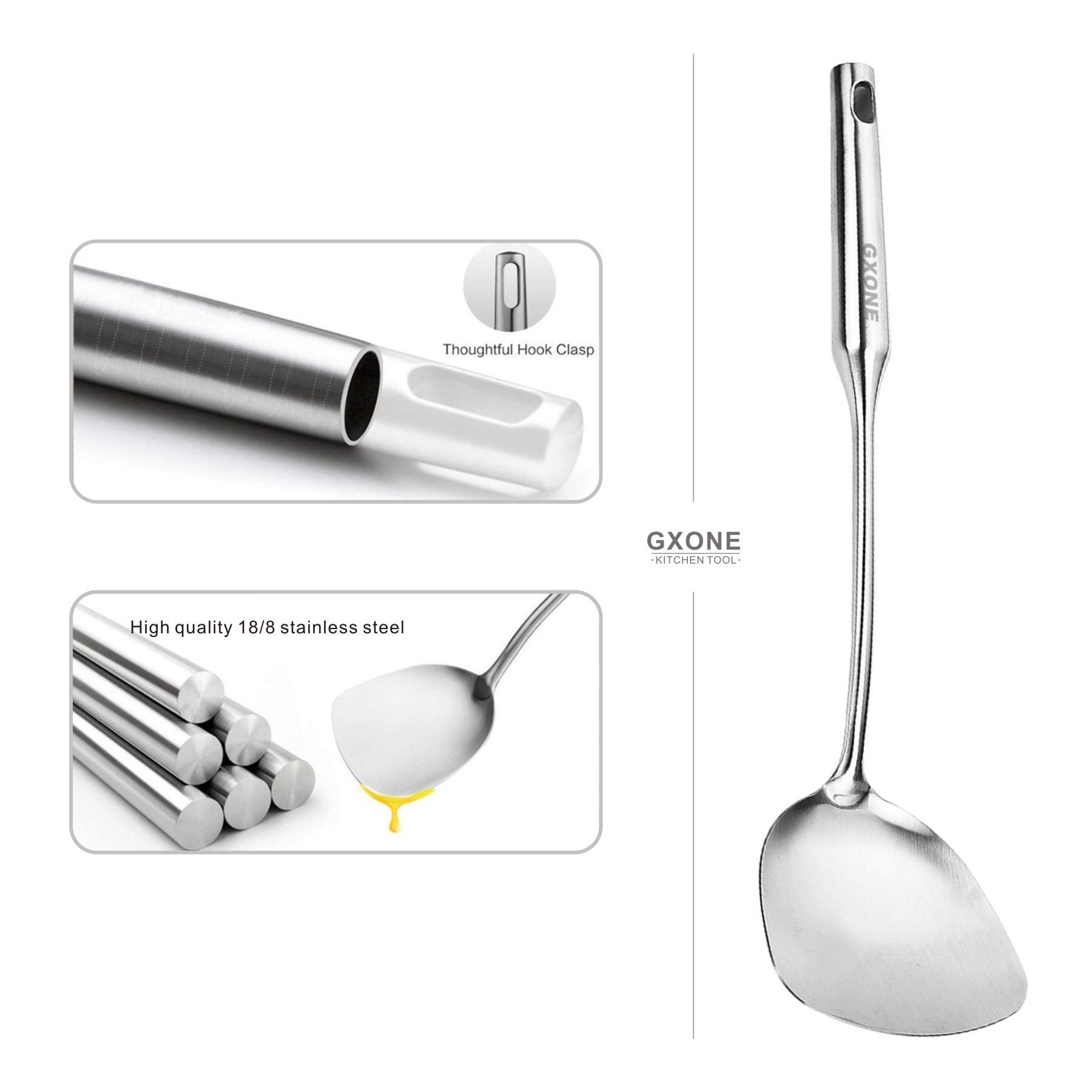 Espátula GXONE de 9,6 cm de ancho para wok, facilita voltear sin pegar.