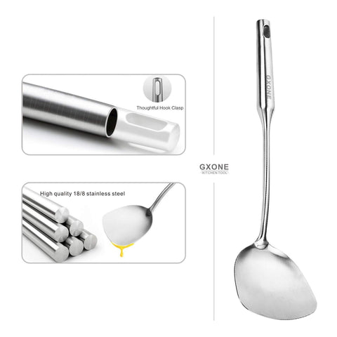 Espátula GXONE de 9,6 cm de ancho para wok, facilita voltear sin pegar.