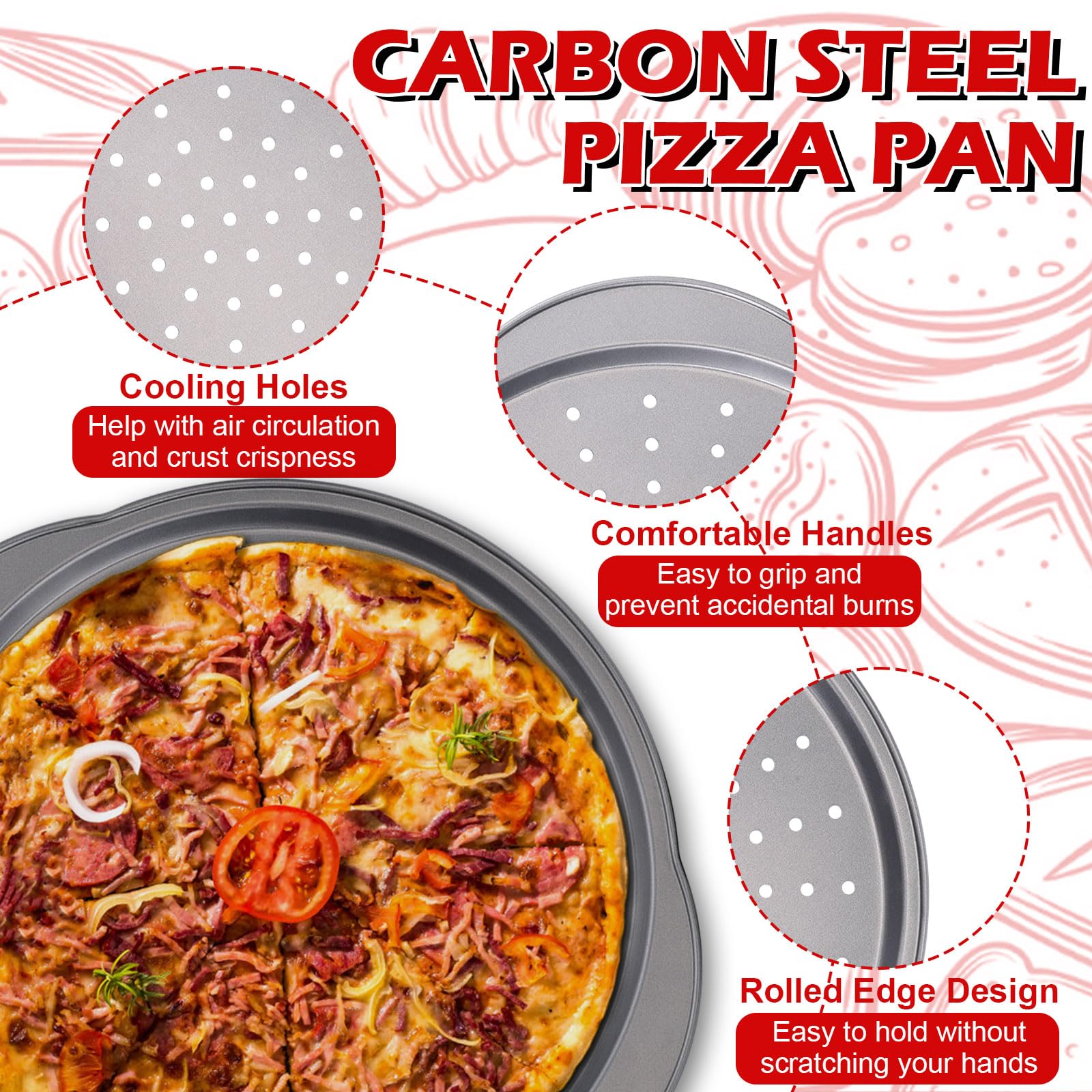 Gymdin pizza pan con mango ergonómico para transporte seguro.