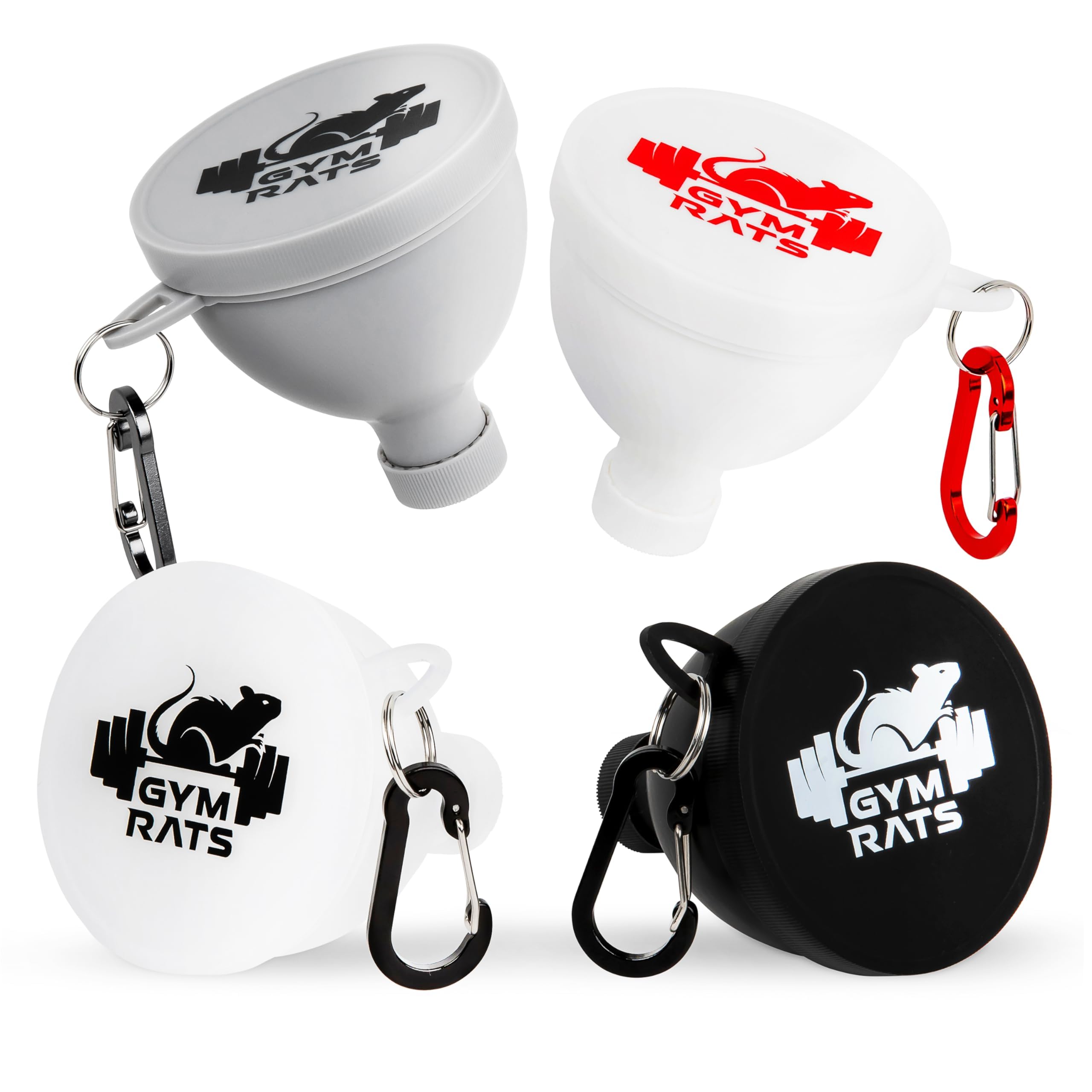 GYM RATS embudo de proteína portátil enfocado en portabilidad y orden sin derrames.