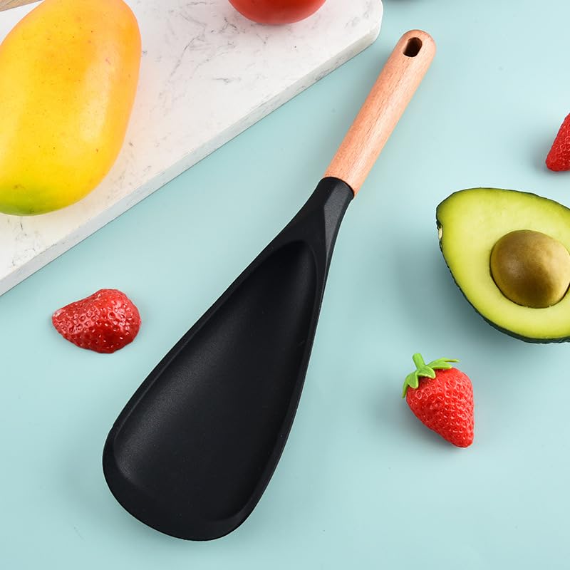 GZLT: cuchara de silicona con mango de madera, superficie lisa para limpieza rápida.