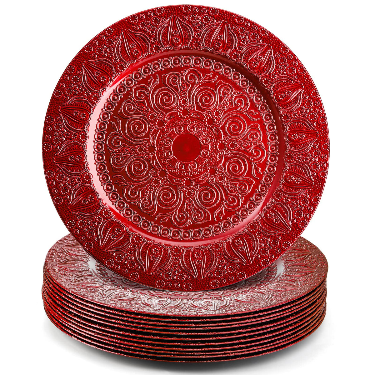 Cargadores Hacaroa rojos con relieve para cenas festivas.