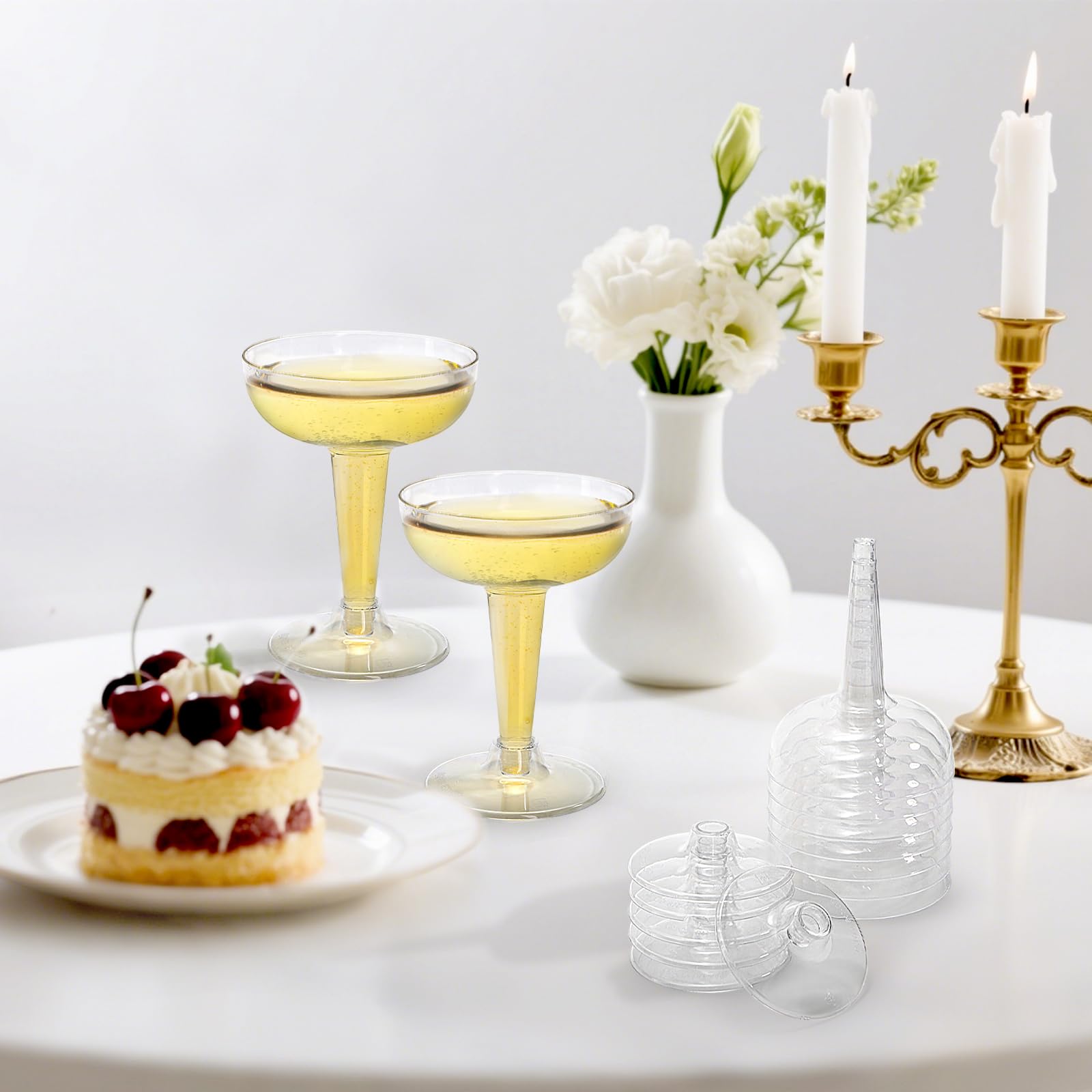 Vaso champán plástico Hacaroa, 4 oz, ideal para bodas.