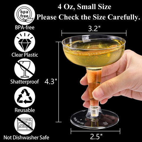 Vaso copa de champán plástico Hacaroa, 4 oz, tallo clásico, elegante para fiestas.
