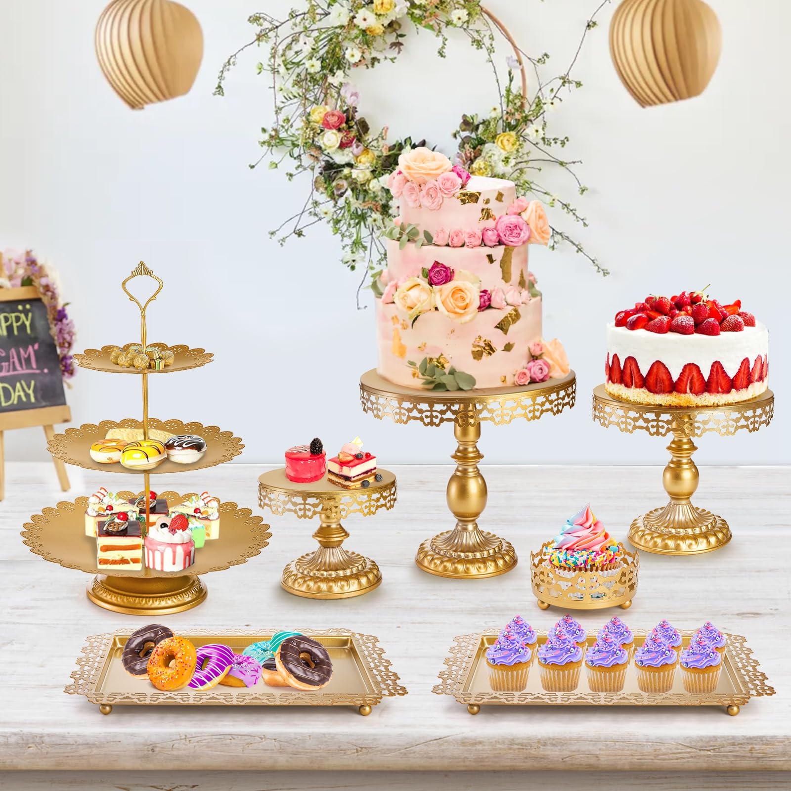 Hacaroa set oro – bandeja torta 3‑niveles, torre elegante para dulces y cupcakes.