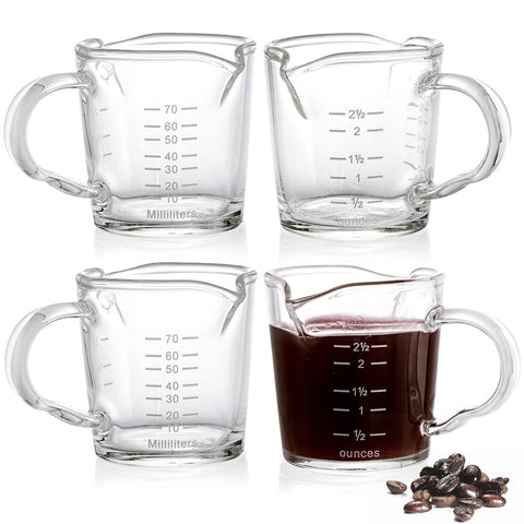 Vasos medidores Hacaroa para espresso con doble vertedor, pack de cuatro para dosis precisas.