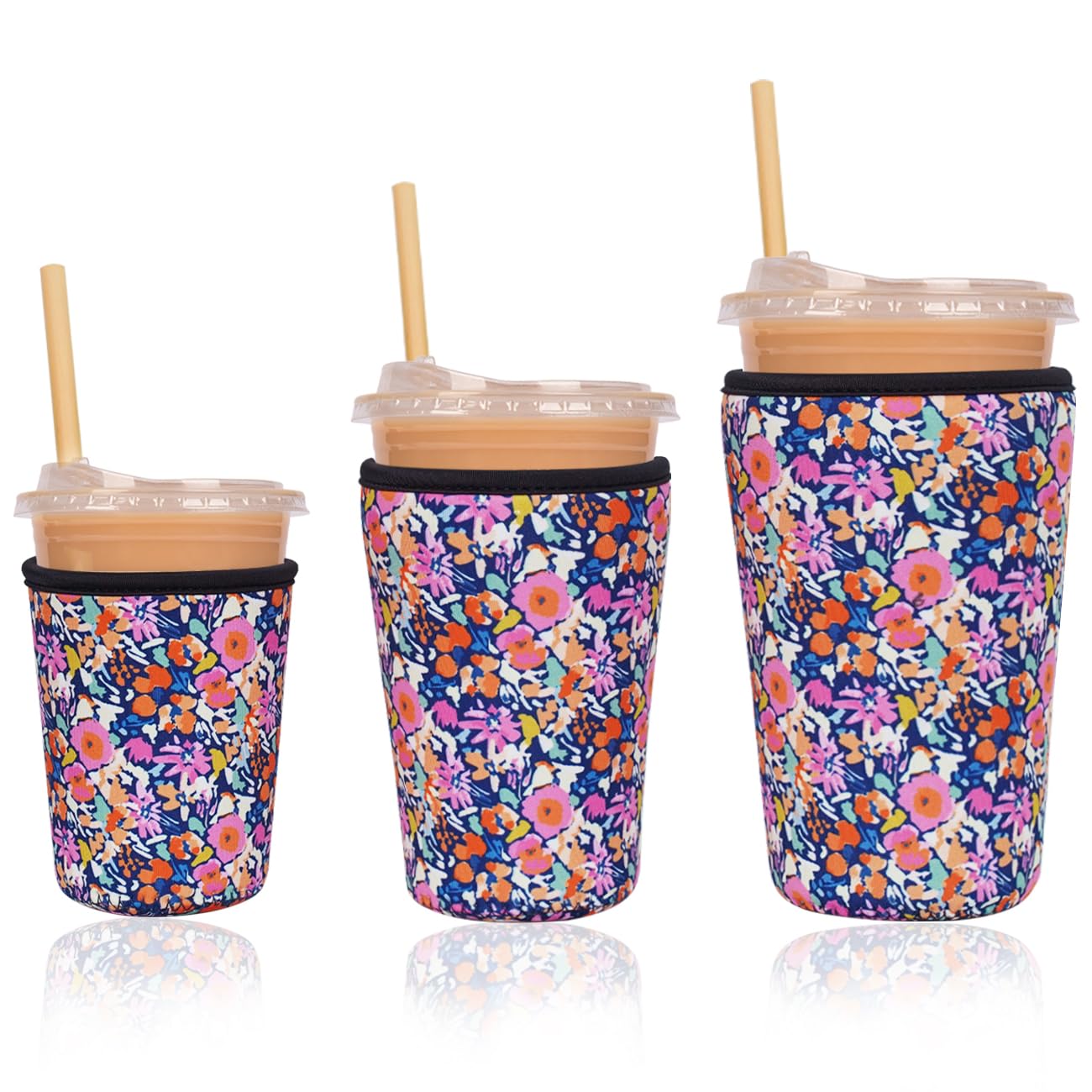 Manga aislante de neopreno Haevola Bloom Frenzy mantiene bebidas frías y evita condensación.