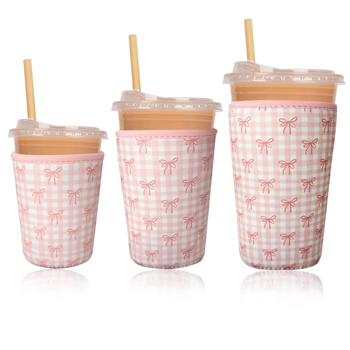 Funda Aislante Haevola para café helado con lazos, mantiene la bebida fresca.