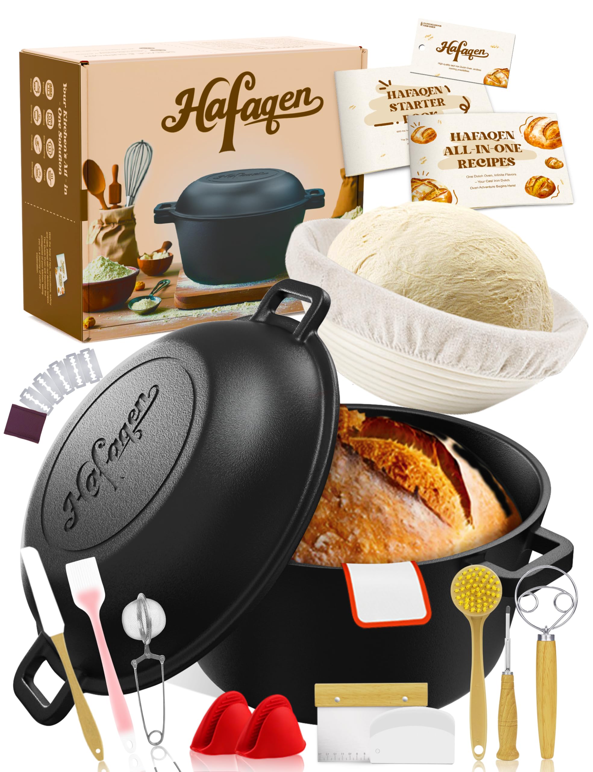 Olla Hafaqen de hierro forjado 5qt con tapa para pan artesano, calor uniforme.
