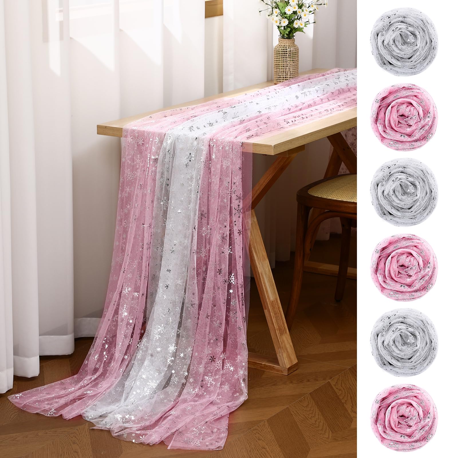 Hahafelt corredor de mesa rosa con nieve brillante, ideal para fiestas invernales.