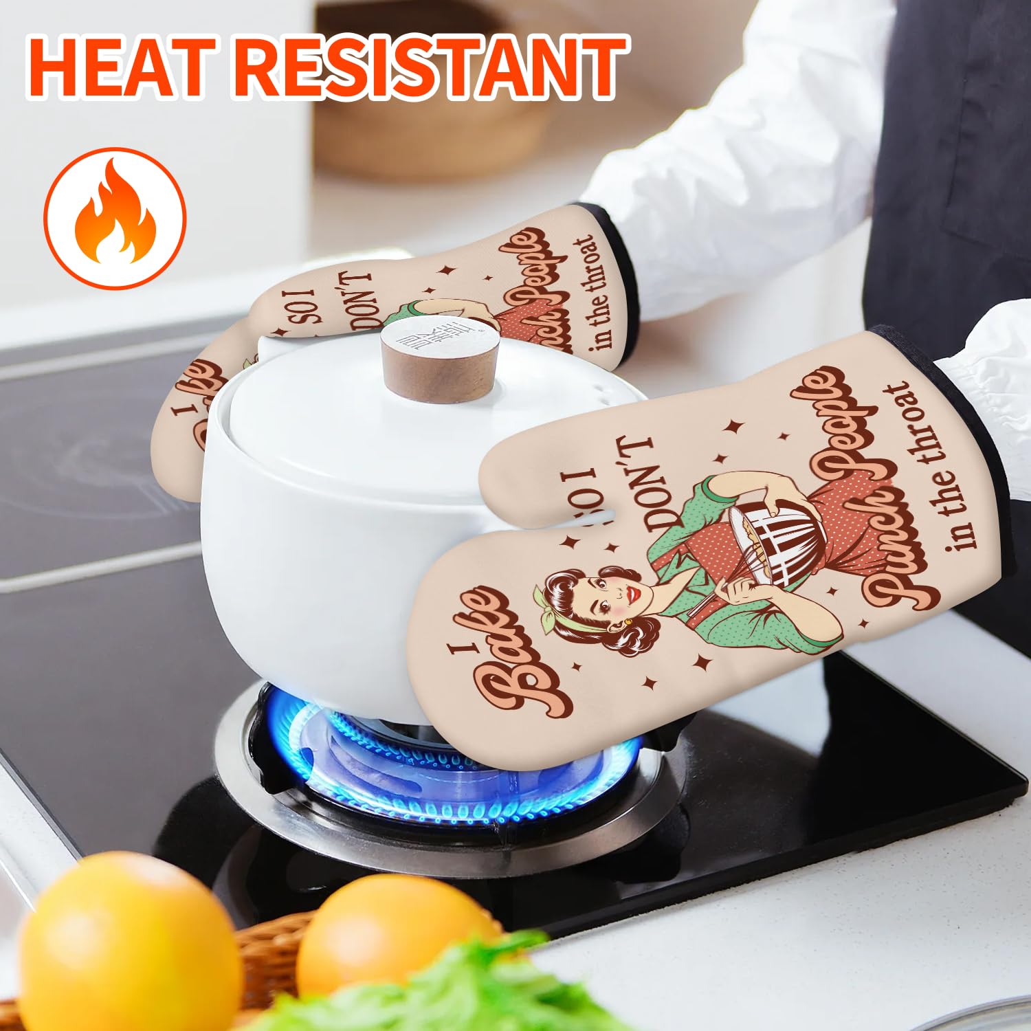 HAISUKA manoplas para horno con patrón divertido, dorso rojo y verde, seguridad al manipular.