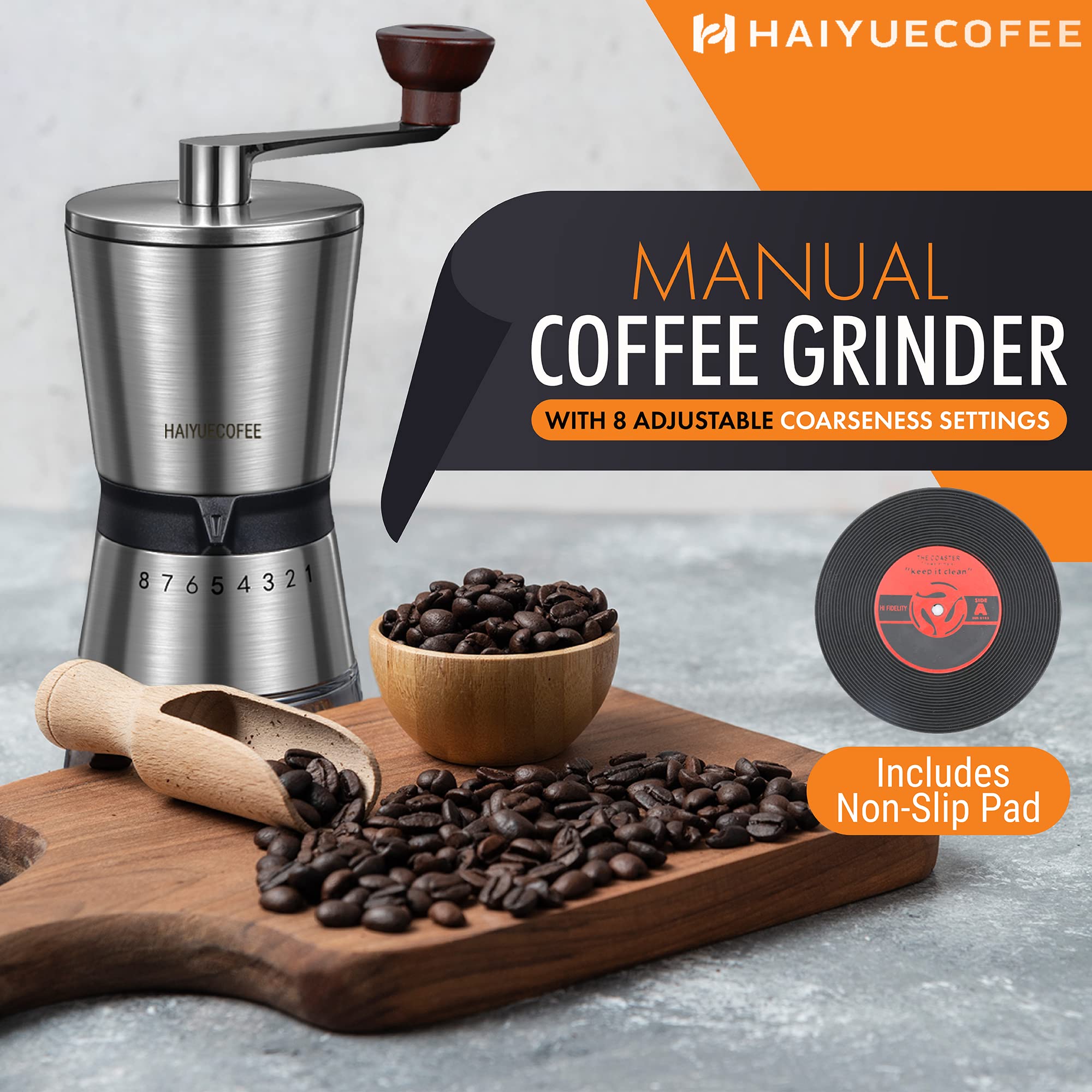 Ajustes de molienda en 8 niveles para café expreso y vertido por goteo.