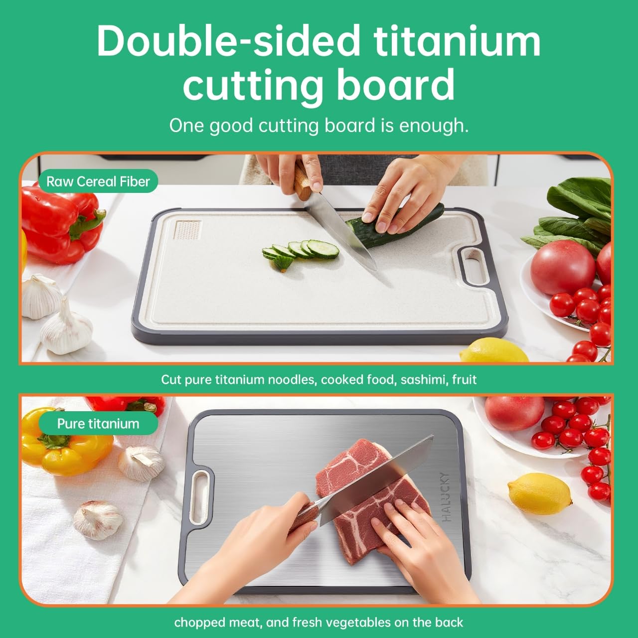 Tabla Halucky, dos caras, para verduras y frutas con limpieza fácil