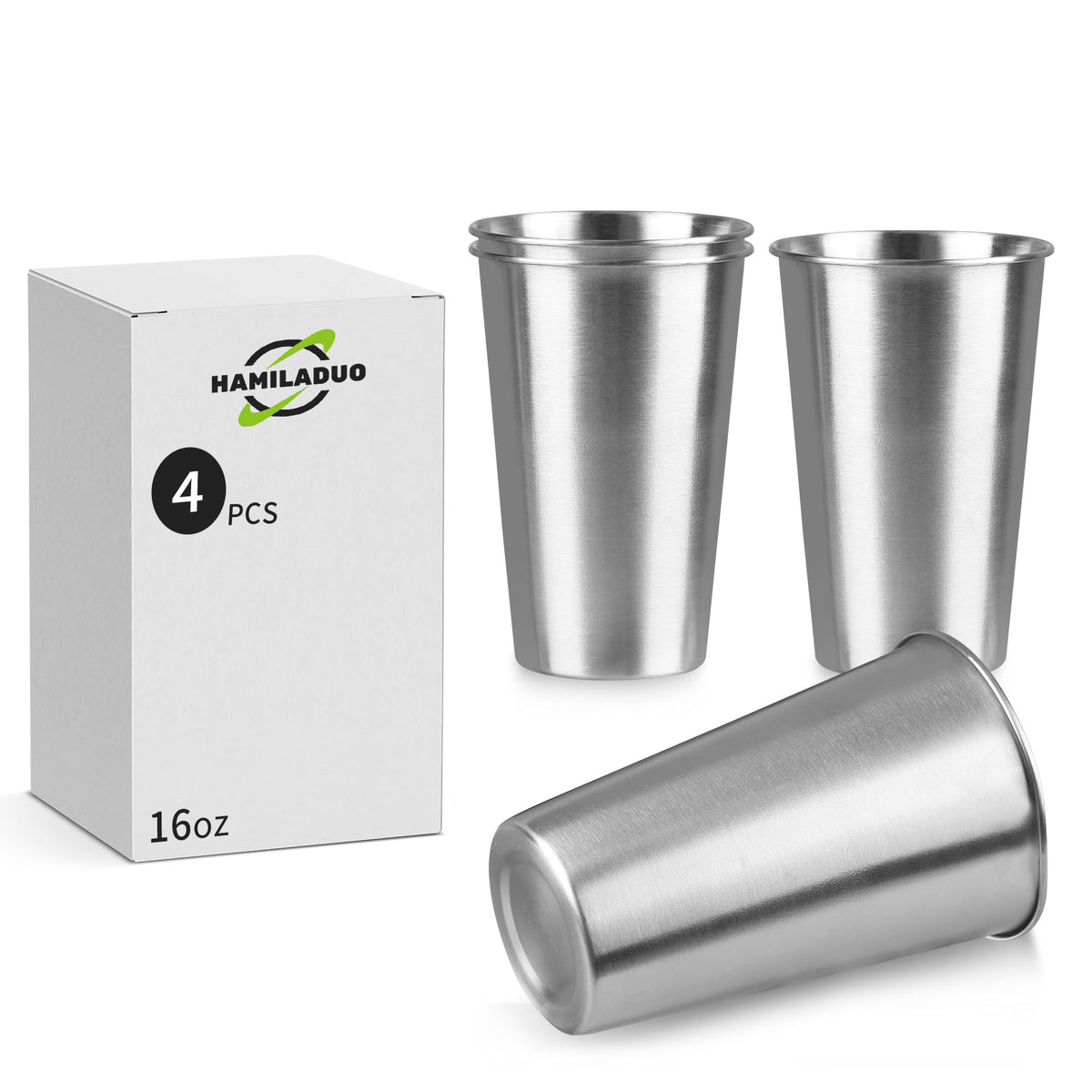 Vaso HAMILADUO apilable de acero inoxidable 16 oz, ideal para ahorro de espacio.