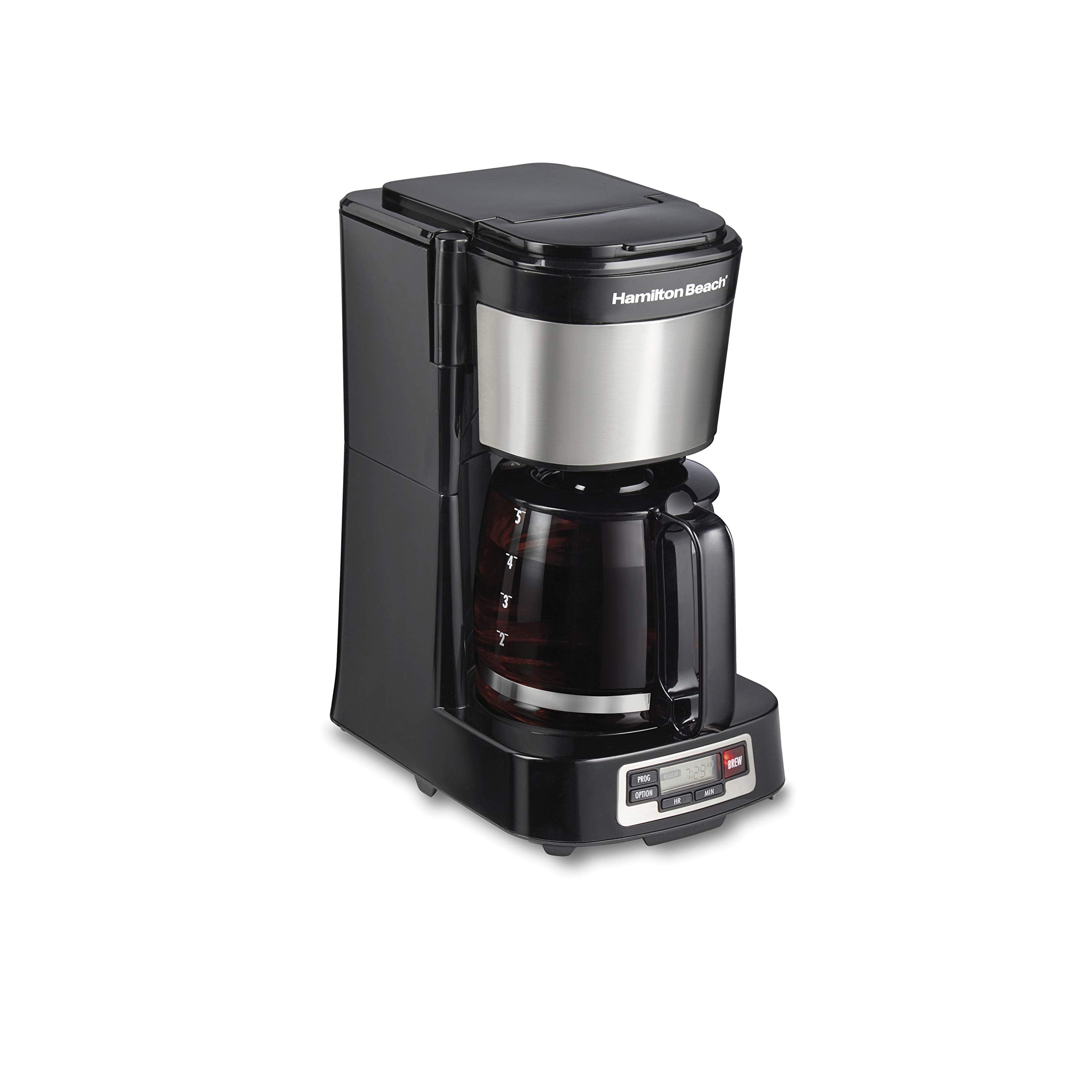 Hamilton Beach cafetera goteo 5 tazas, frente-llenado, facilita rellenar sin desbordes.