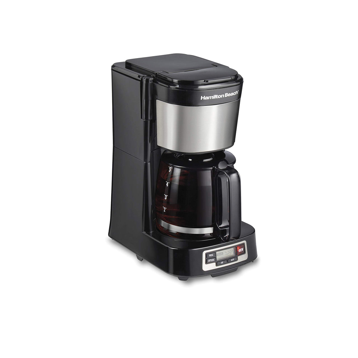 Hamilton Beach cafetera goteo 5 tazas, frente-llenado, facilita rellenar sin desbordes.
