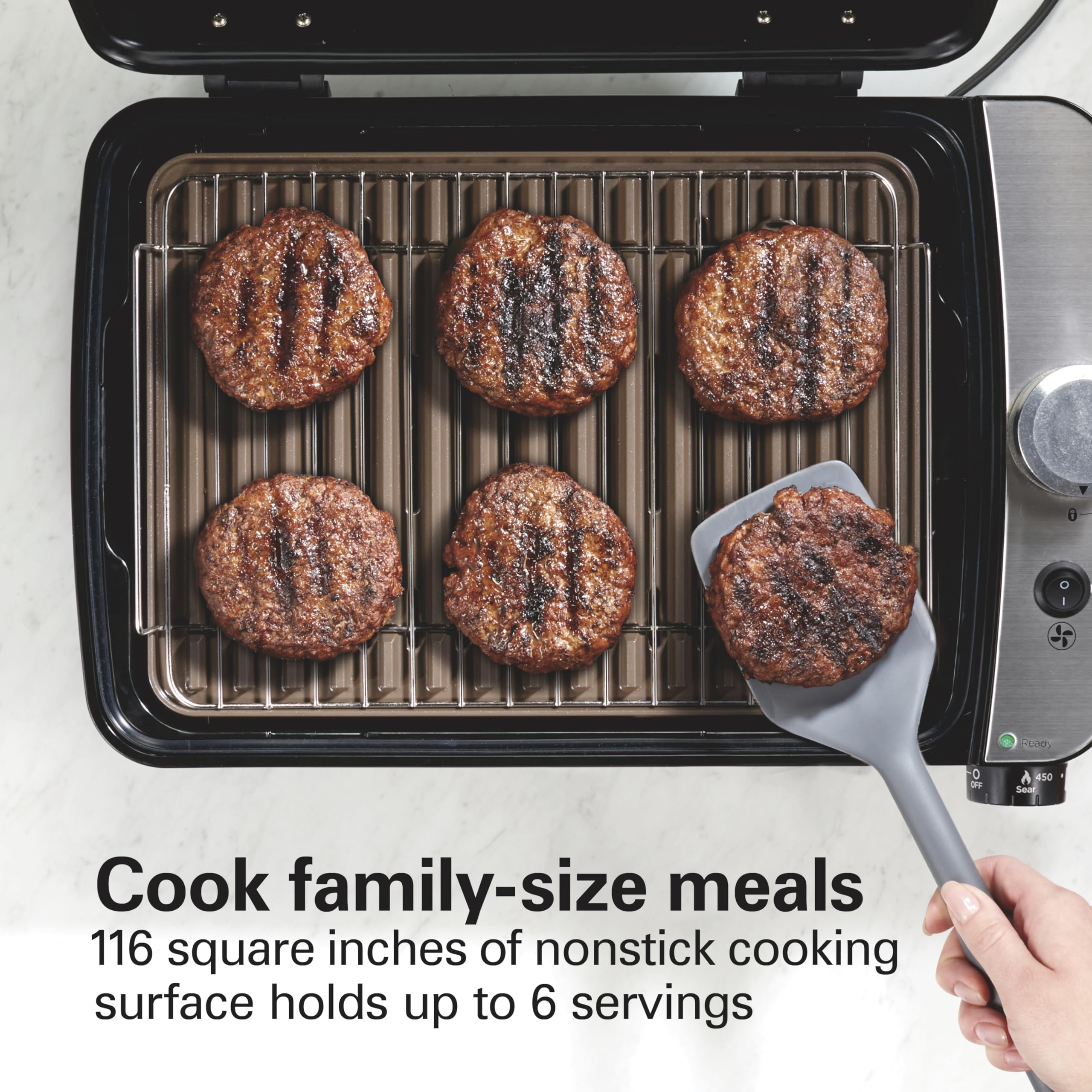 Hamilton Beach Grill: control de temperatura 150–450 °F para sellar y dorar.