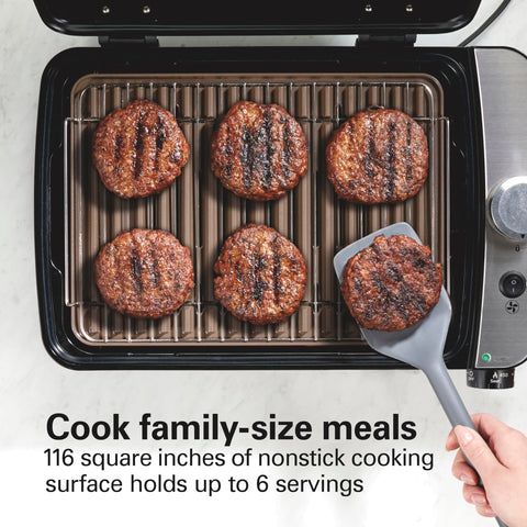 Hamilton Beach Grill: control de temperatura 150–450 °F para sellar y dorar.