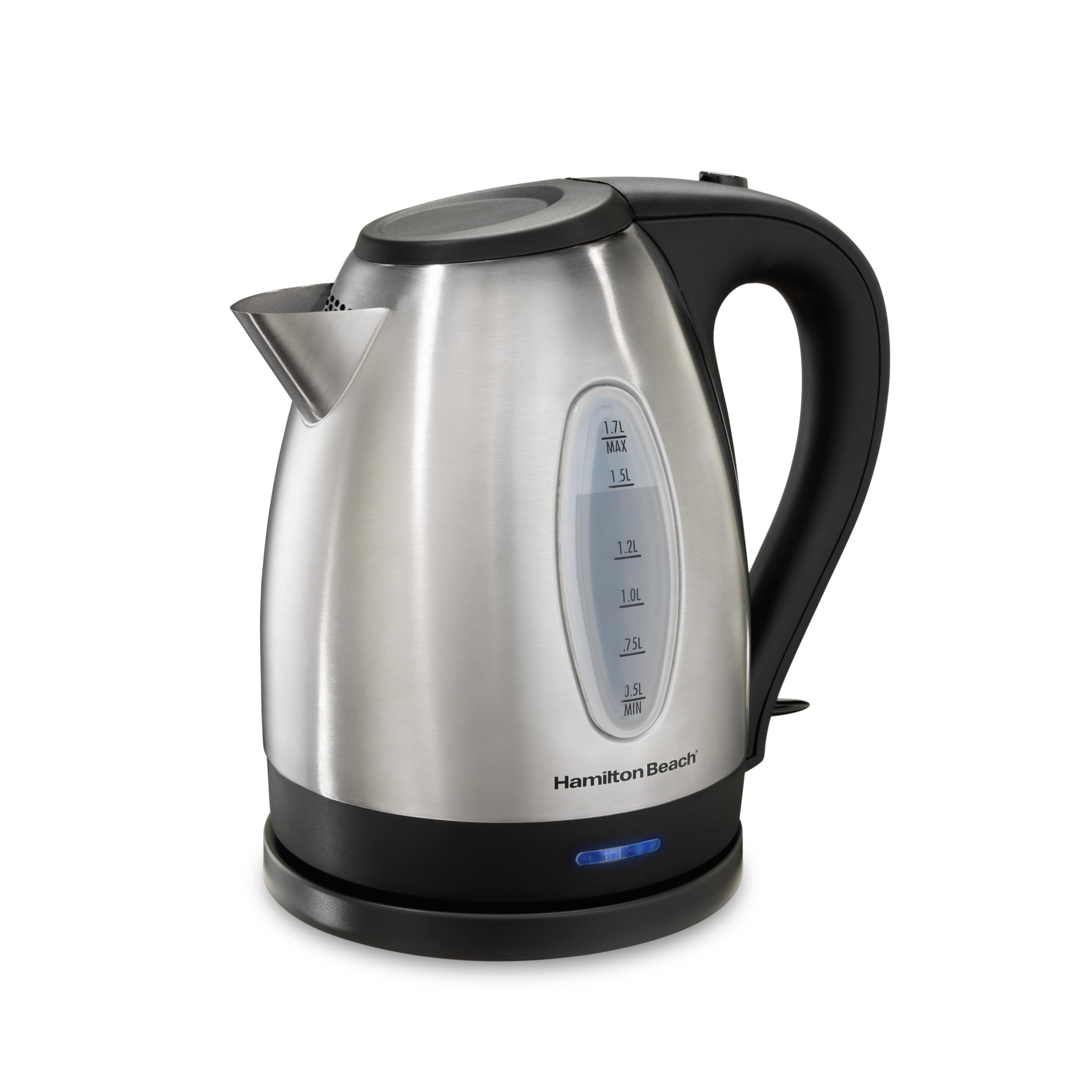 Hamilton Beach tetera eléctrica 1.7 L, frente con indicador azul para hervir rápido