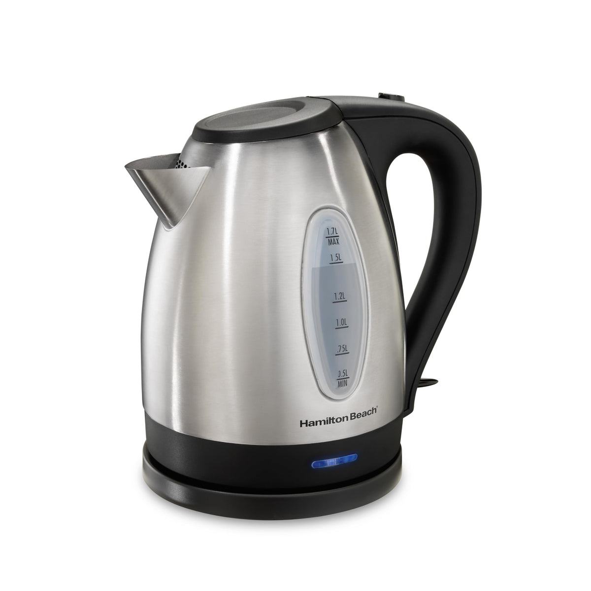 Hamilton Beach tetera eléctrica 1.7 L, frente con indicador azul para hervir rápido