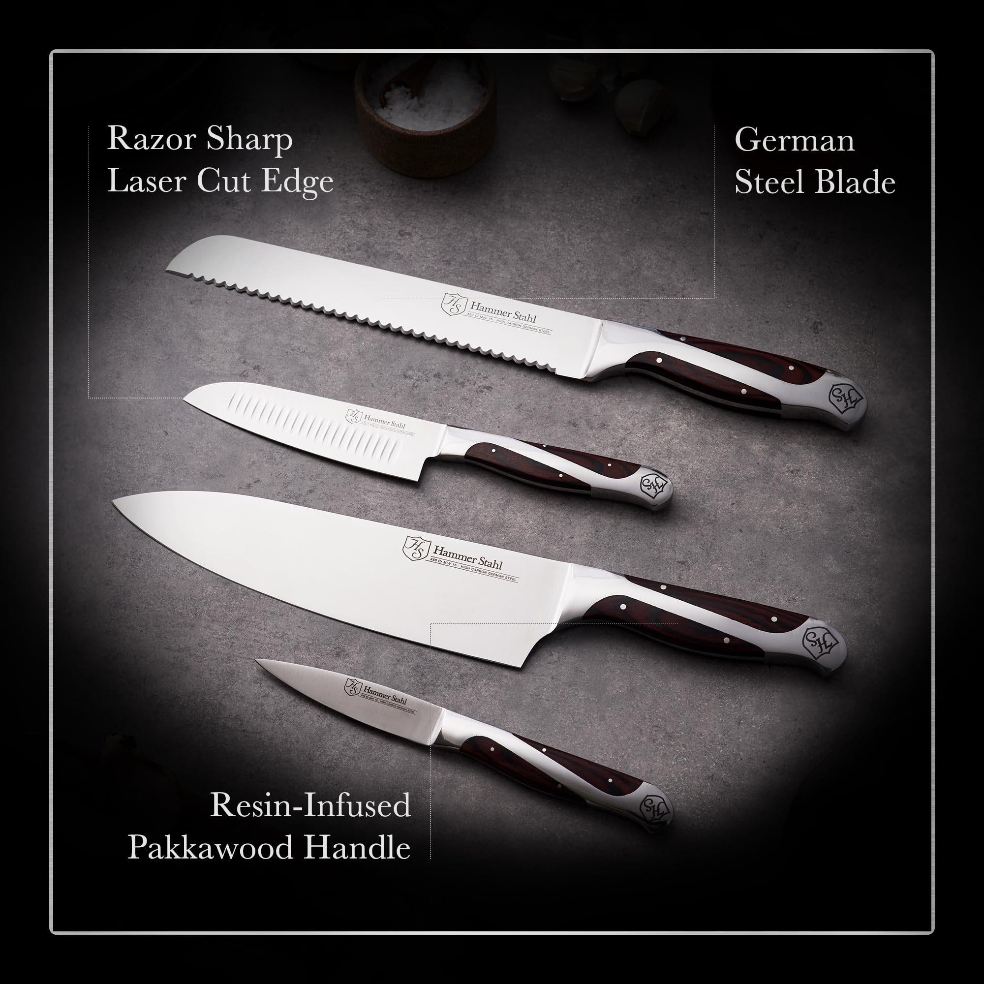 Hammer Stahl cuchillo de pan de 8 pulgadas, ideal para rebanar pan crujiente.