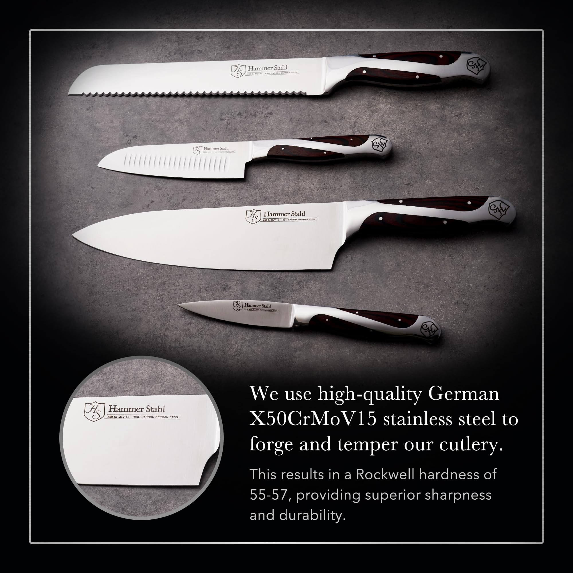 Hammer Stahl cuchillo santoku de 4,5 pulgadas para verduras y proteínas frescas.