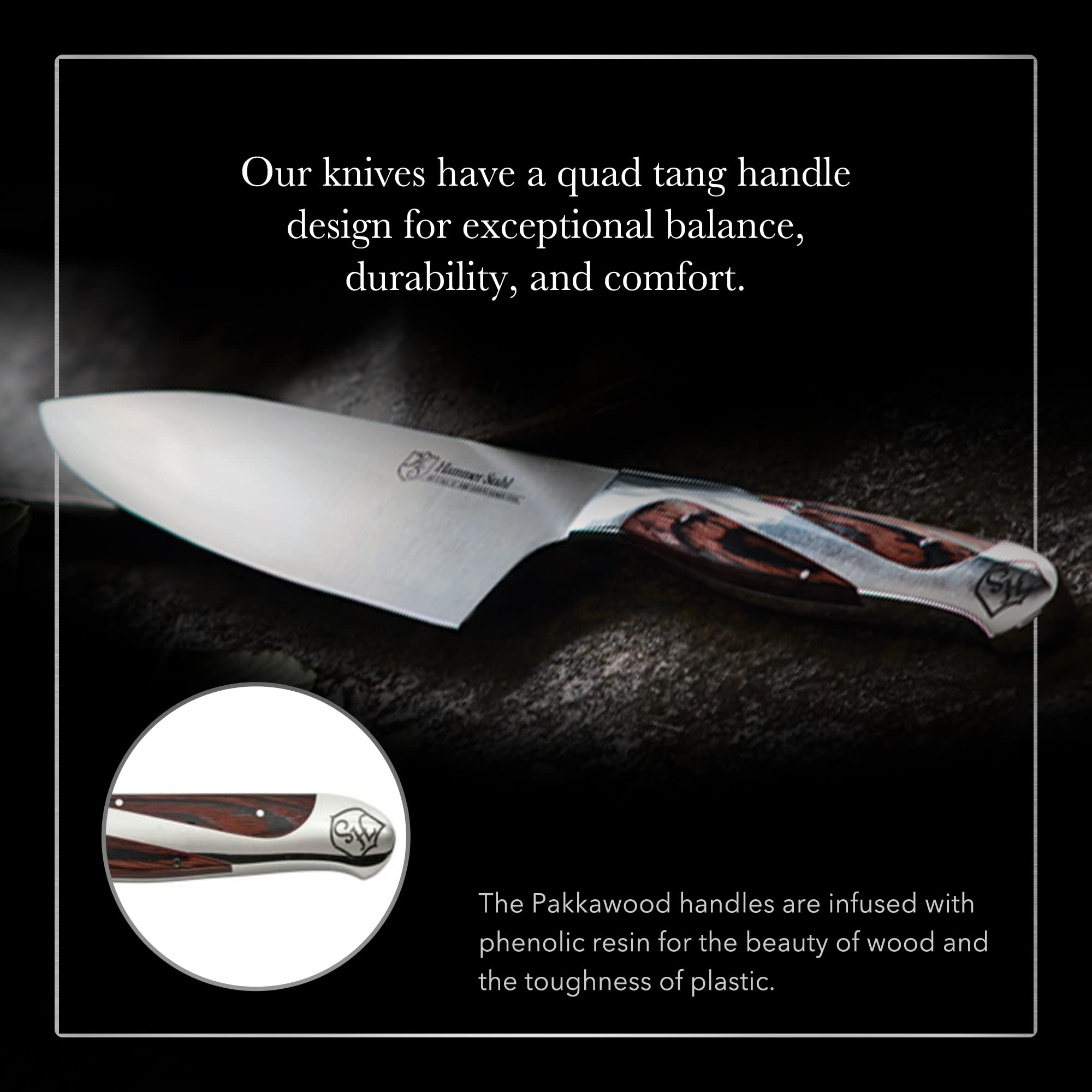 Mango ergonómico cuadrado de Hammer Stahl para agarre estable durante la cocina.