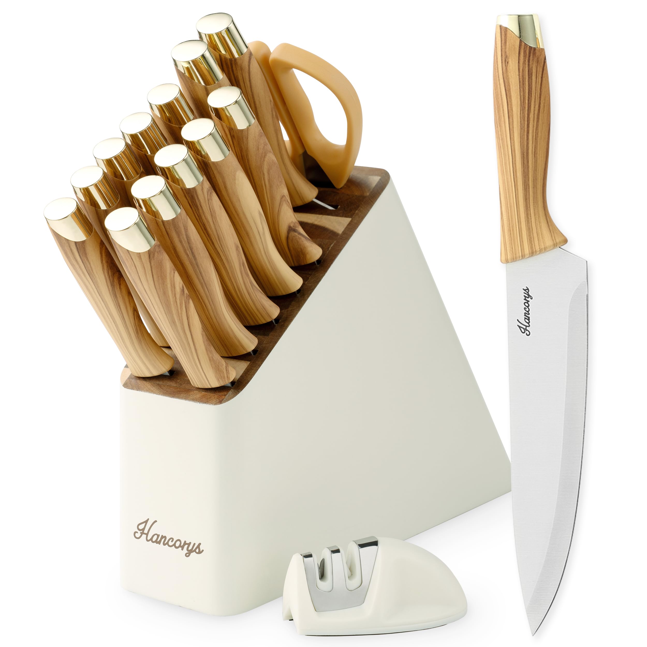 Juego de cuchillos Hancorys en bloque de madera para almacenamiento seguro.