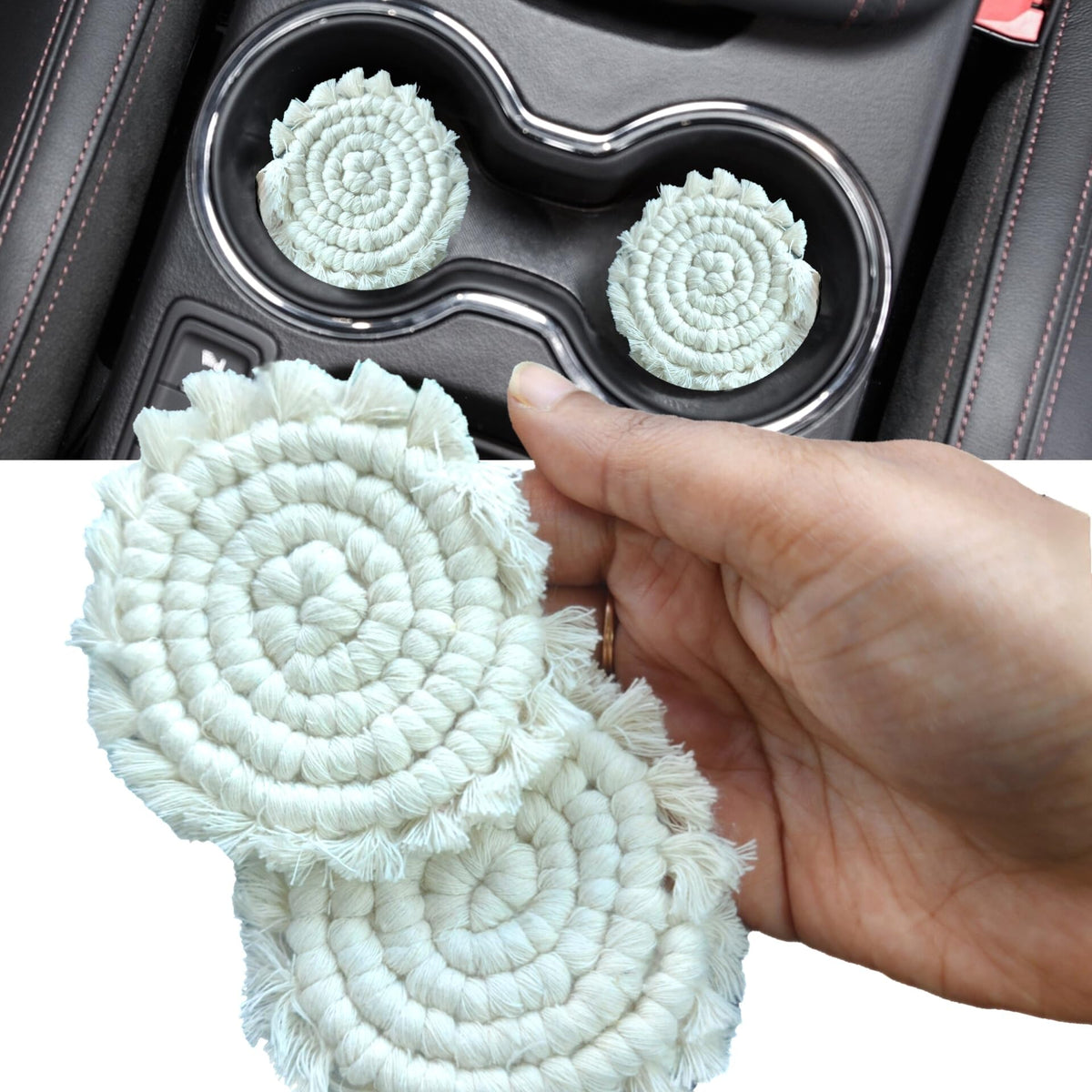 Handmade By Uruba posavasos coche macramé, blanco vainilla, protege el interior con estilo boho.