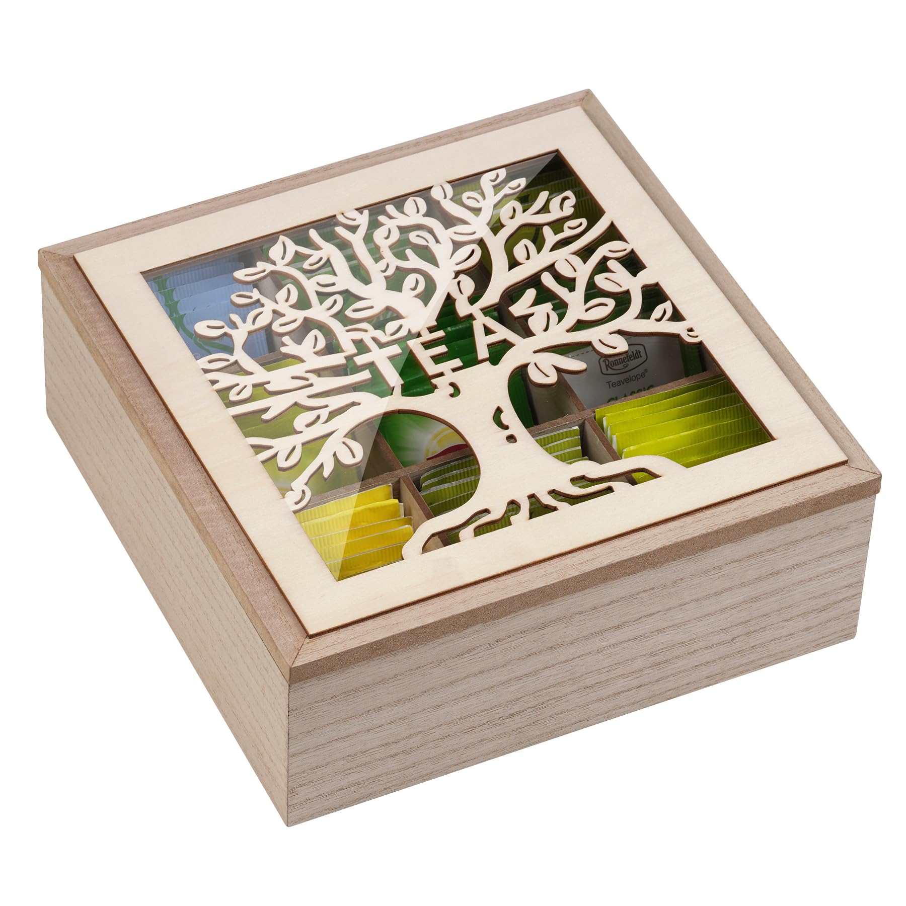 Handrong caja de té con patrón de árbol, organizador compacto para la cocina.