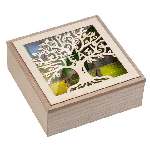 Handrong caja de té con patrón de árbol, organizador compacto para la cocina.