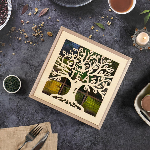 Handrong organizador de bolsas de té en madera natural para ahorro de espacio.