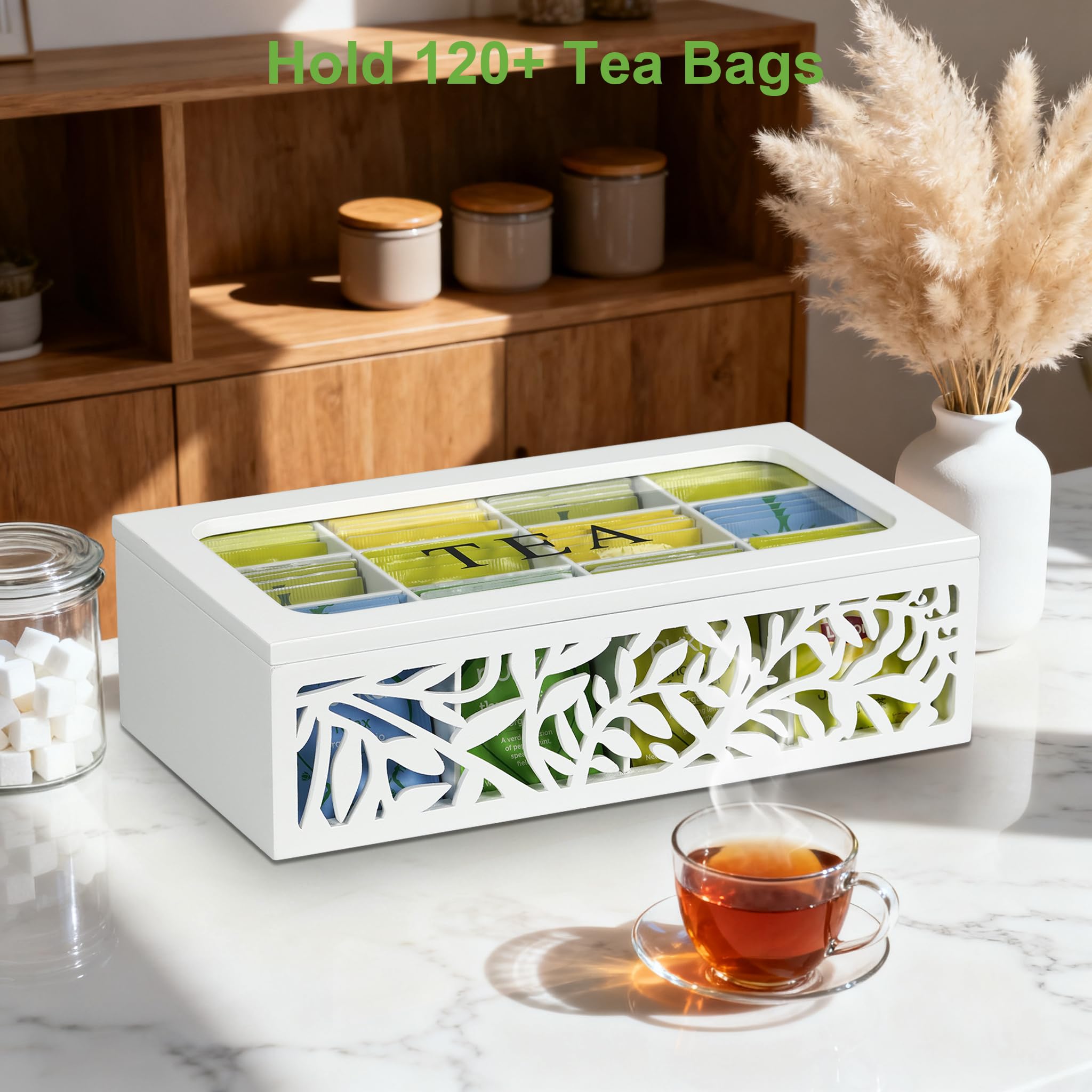 Handrong organizador de madera natural con acabado artesanal para té.