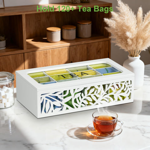 Handrong organizador de madera natural con acabado artesanal para té.