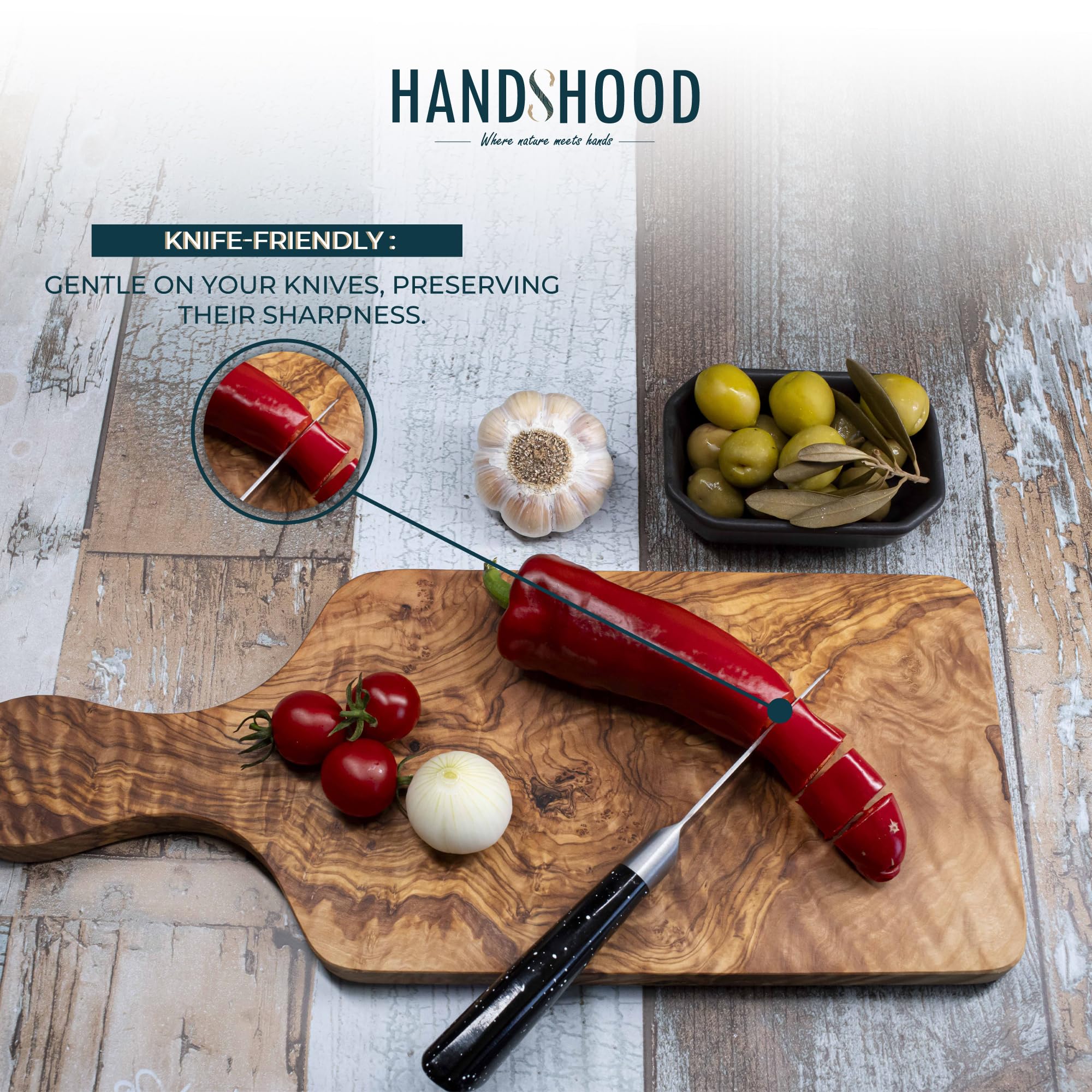HandsHood tablero de olivo natural con vetas únicas, regalo elegante para la cocina.
