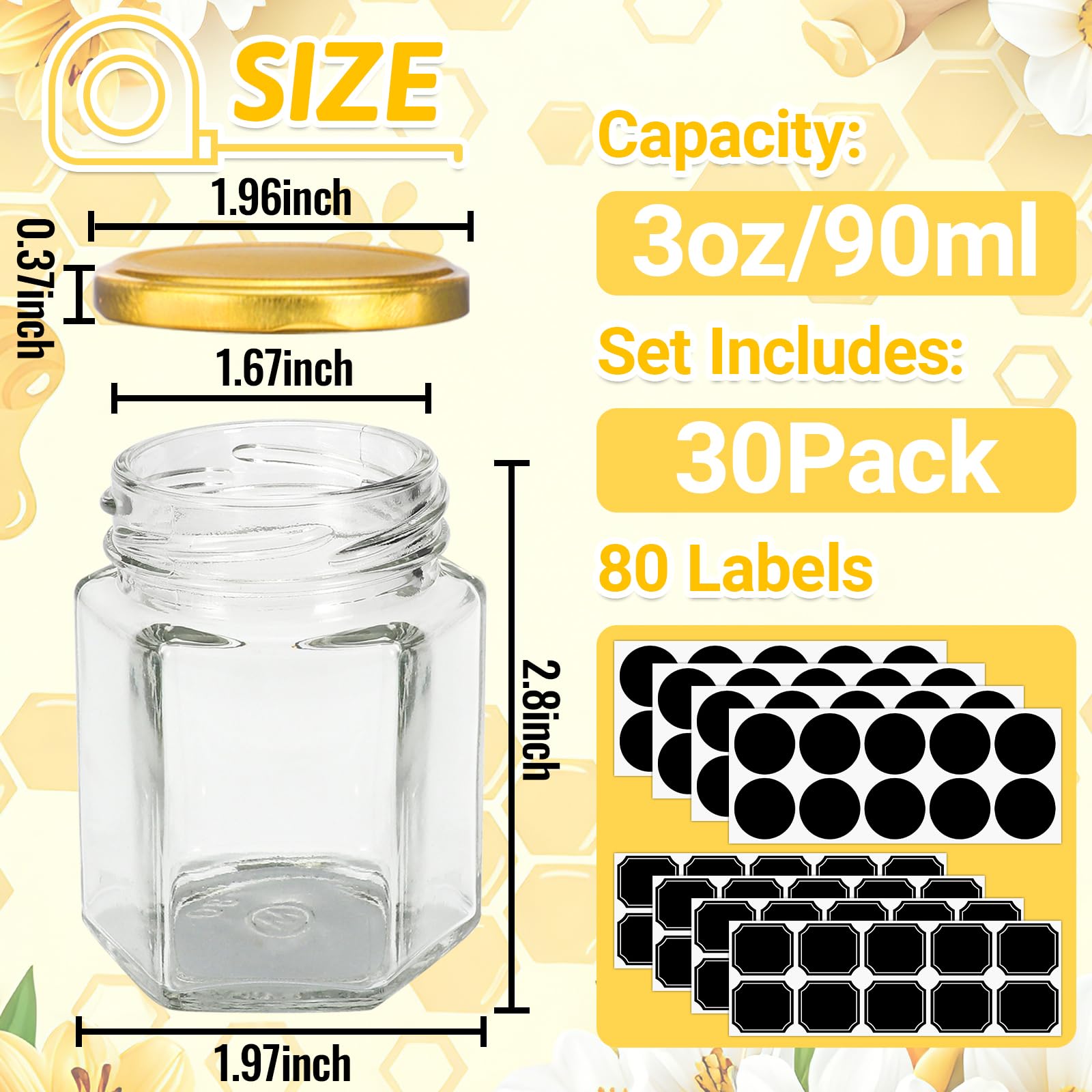 Haneye frascos hexagonales de 3oz para mermelada con cierre hermético