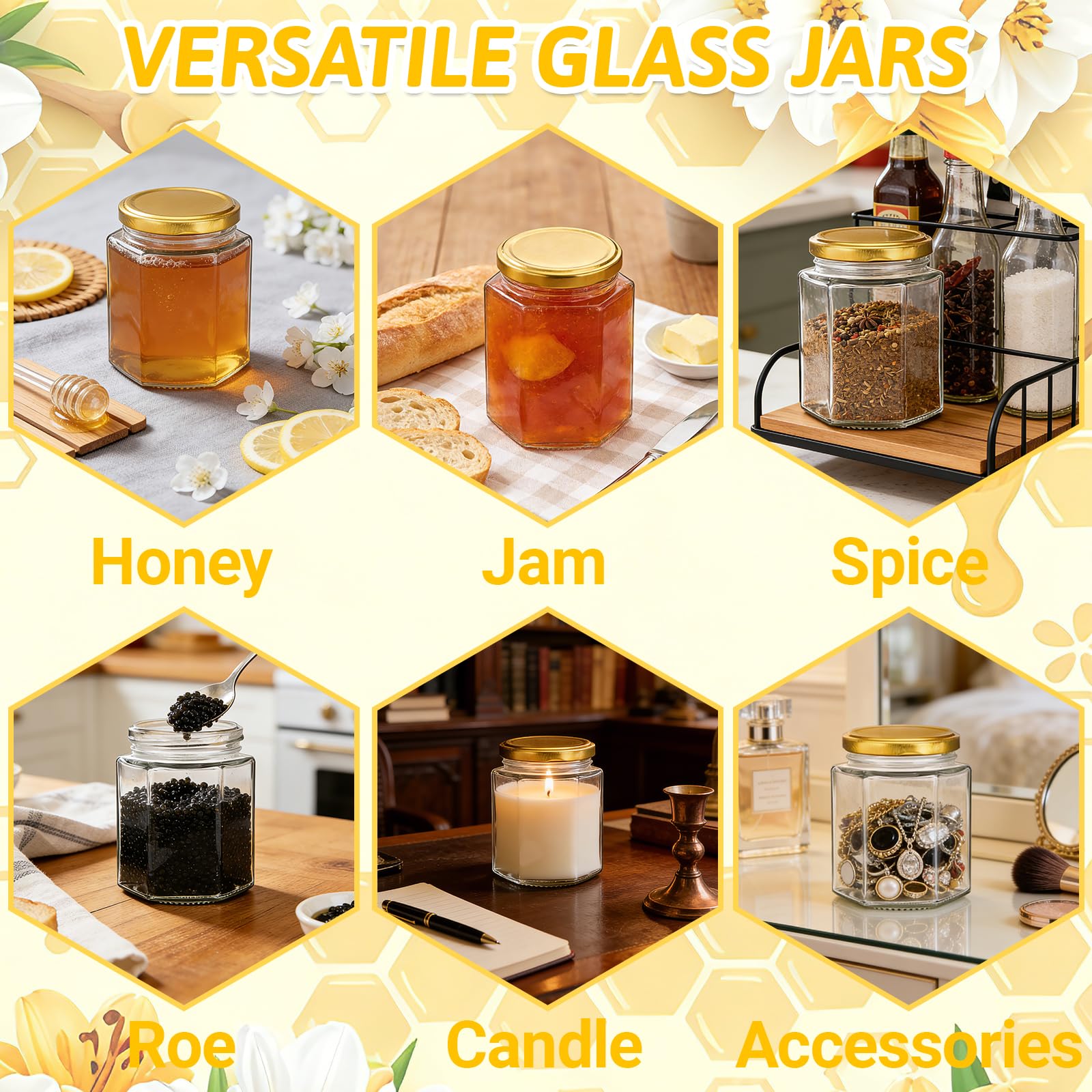 Haneye frascos hexagonales de cocina, usos versátiles y almacenamiento seguro