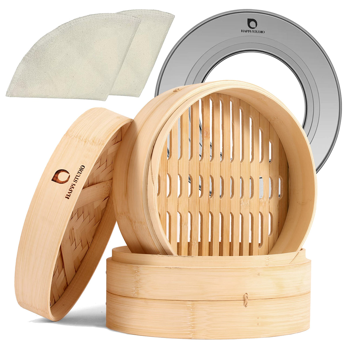 Cesta de vapor HAPPI STUDIO de bambú, 10 pulgadas, dos niveles, ideal para cocinar al vapor.