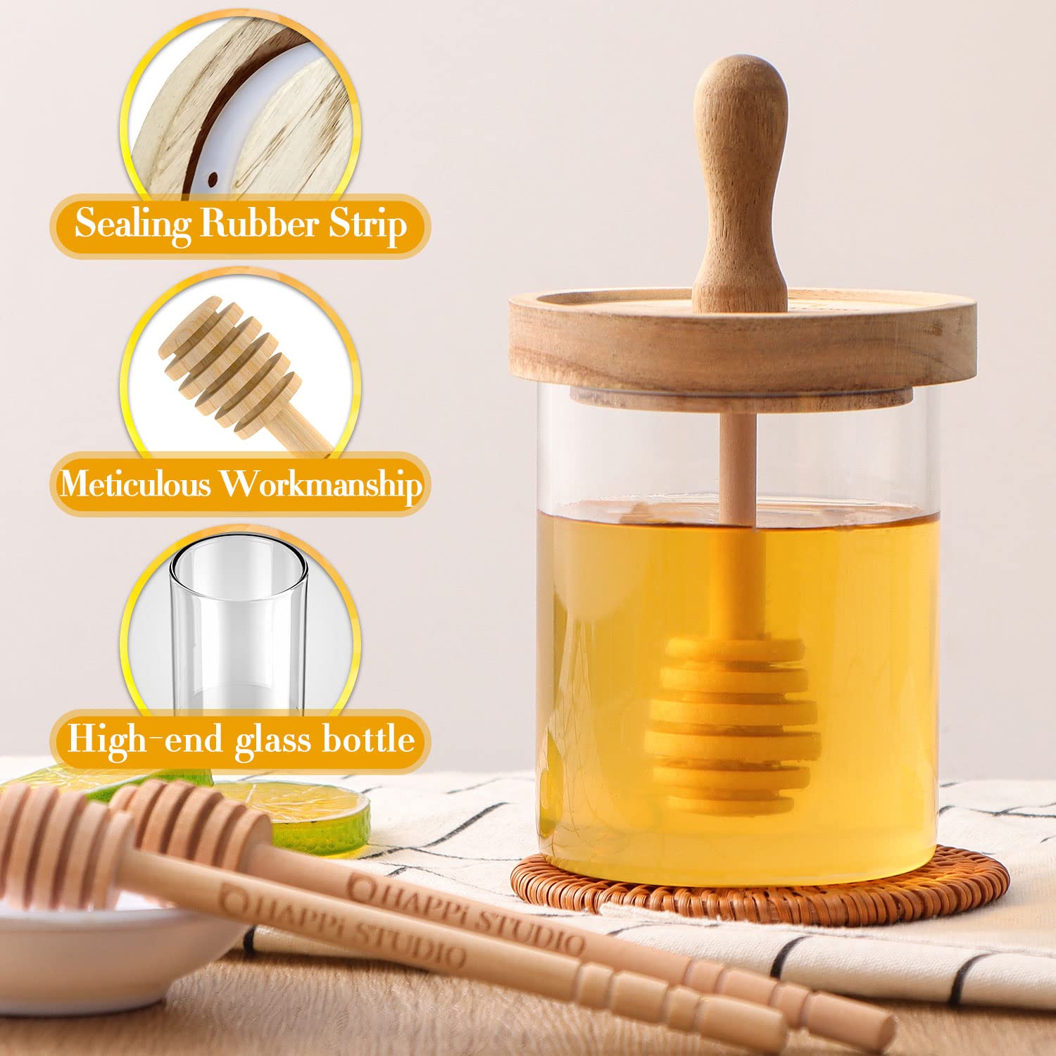 Dispenser de miel HAPPI STUDIO en vidrio sin goteo para encimeras limpias.