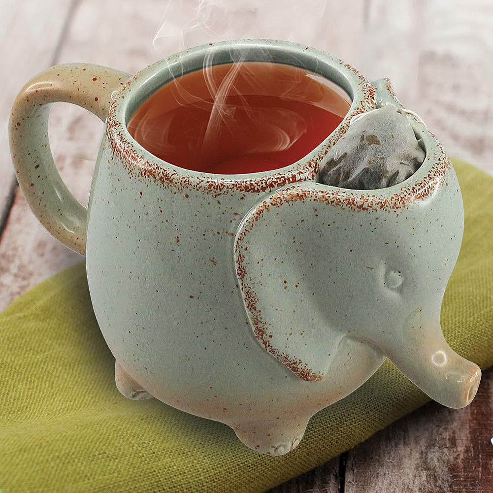 HAPPINESS APPLY HERE taza elefante verde con soporte para bolsita, ideal para infusiones