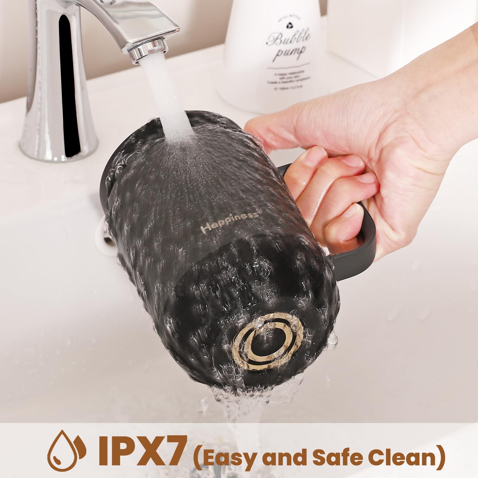 Resistente IPX7 Happiness facilita limpieza a mano.