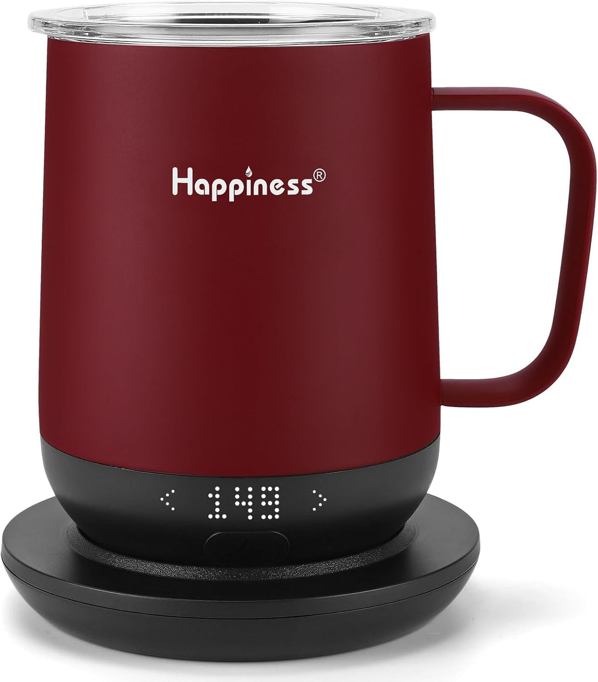 Taza Happiness con tapa anti derrames, ideal para transporte seguro.