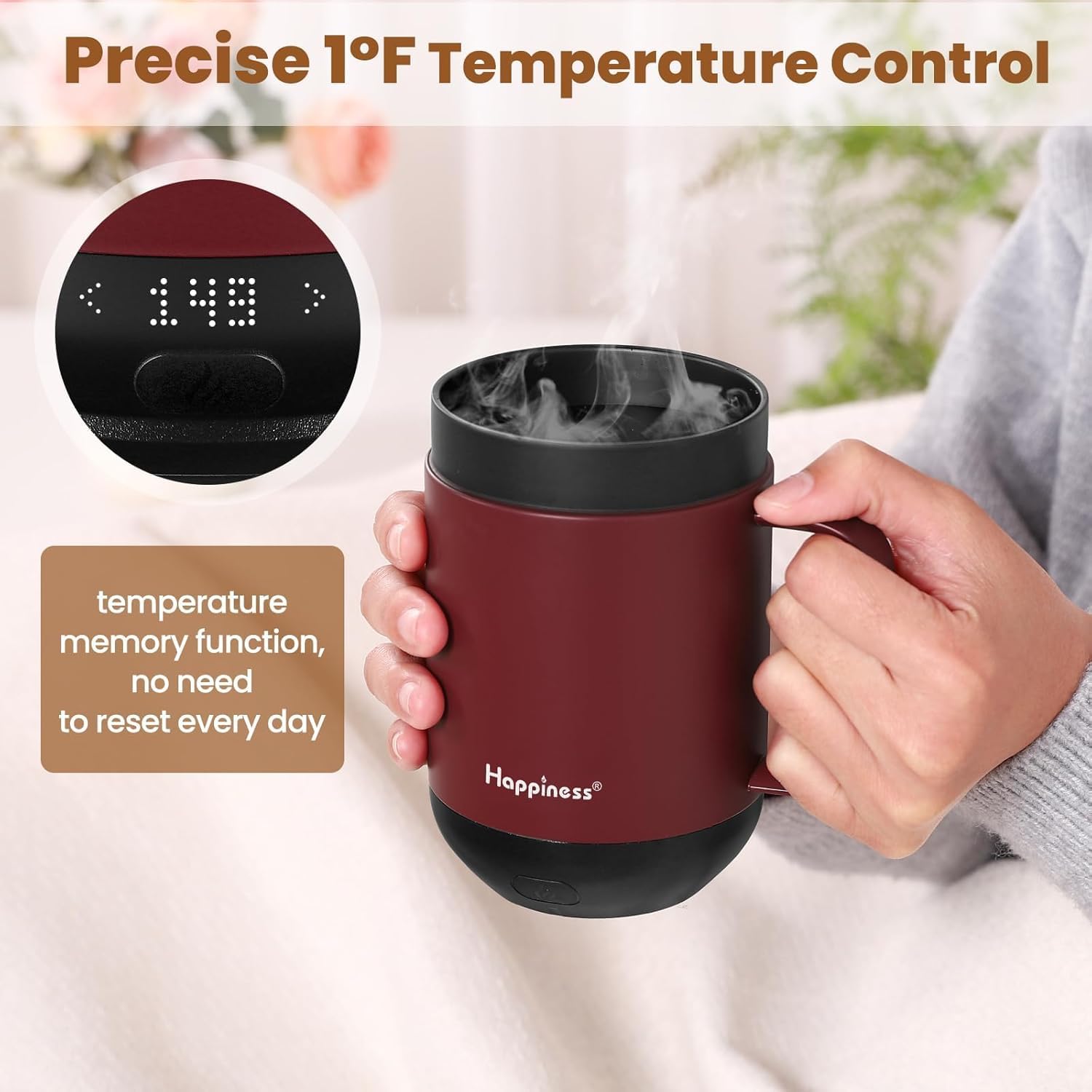 Taza Happiness con control por botón y app para temperatura personalizada.