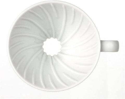 Detalle de ranuras espirales del infusor Hario V60 para un vertido controlado.