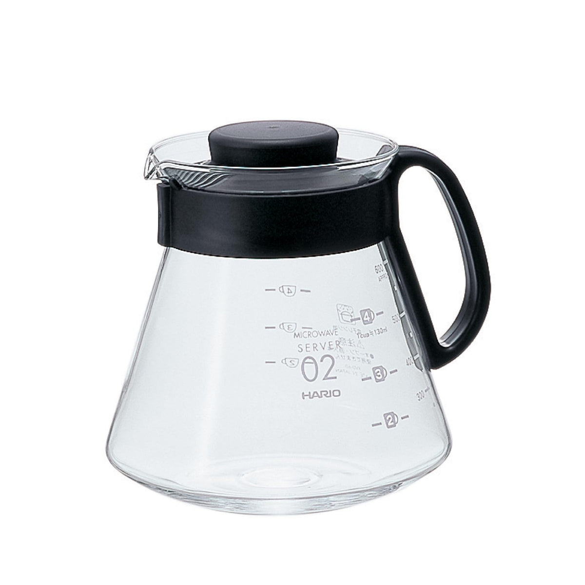 Jarra Hario V60 Glass Range de 600 ml en negro con líneas de medición para dosis precisas.