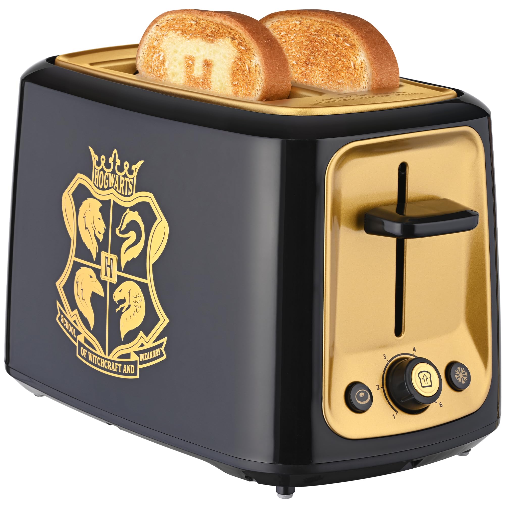 Tostadora Harry Potter imprime el escudo de Hogwarts en la tostada para un desayuno temático.