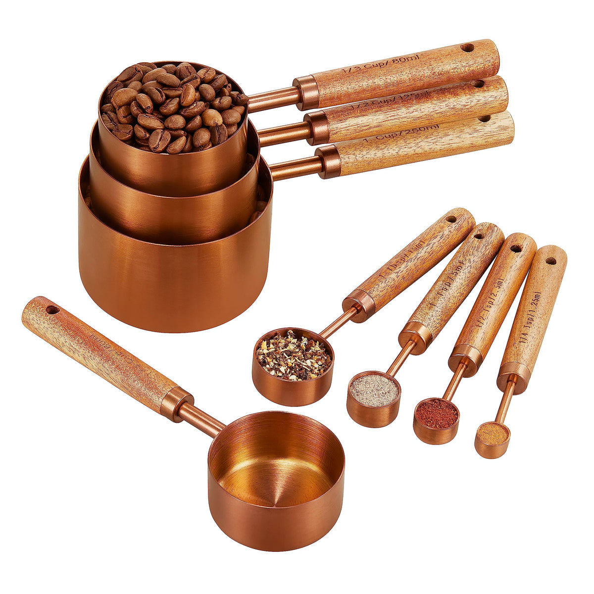 HARURI, tazas y cucharas de medición de cobre-acero, duraderas para medir líquidos y secos.