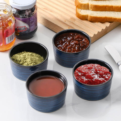 Conjunto de 6 ramequines HASENSE en azul para postres y salsas, almacenamiento compacto.