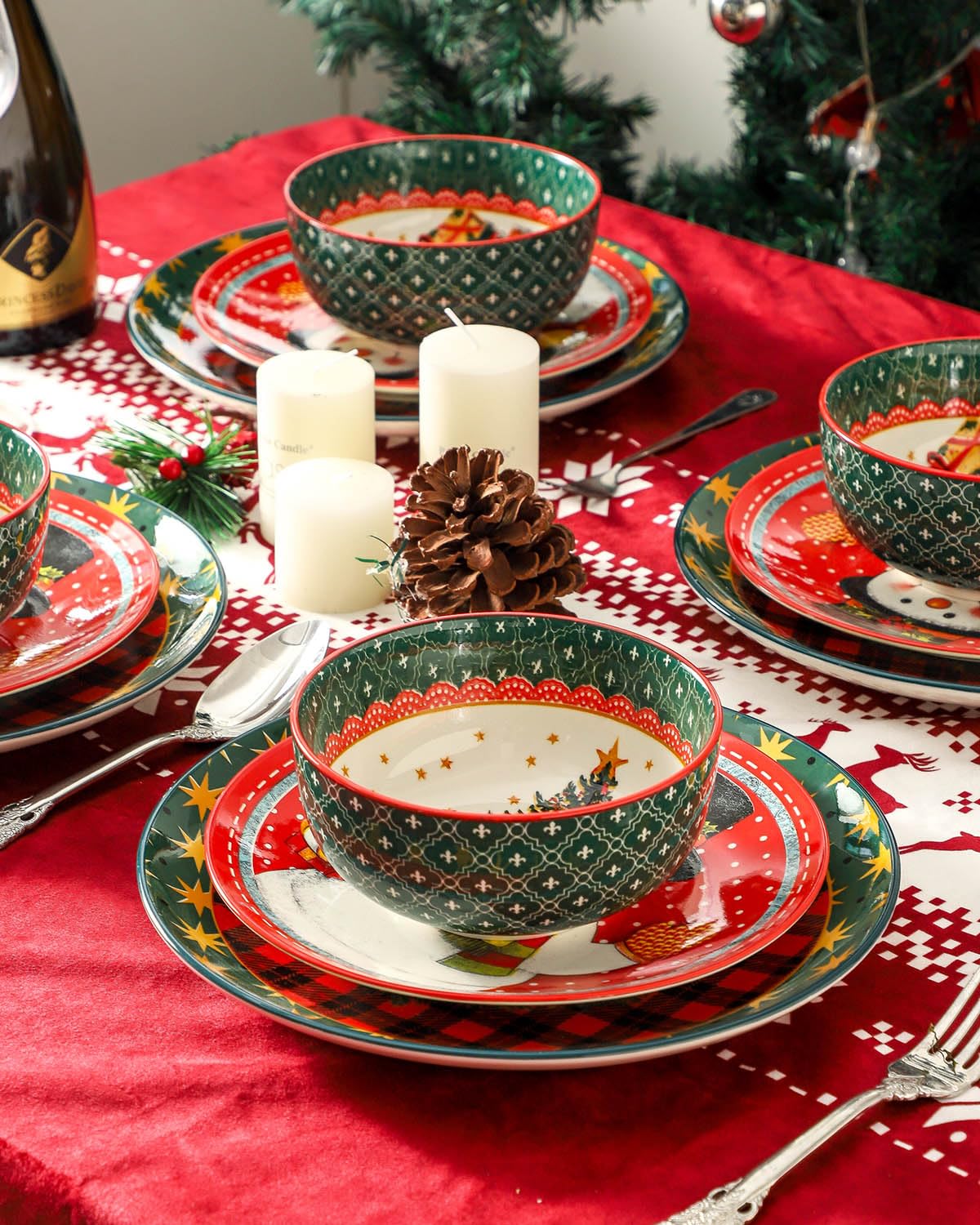 Vajilla Hasense 12 piezas, tazones de sopa con árbol navideño para calentar platos.